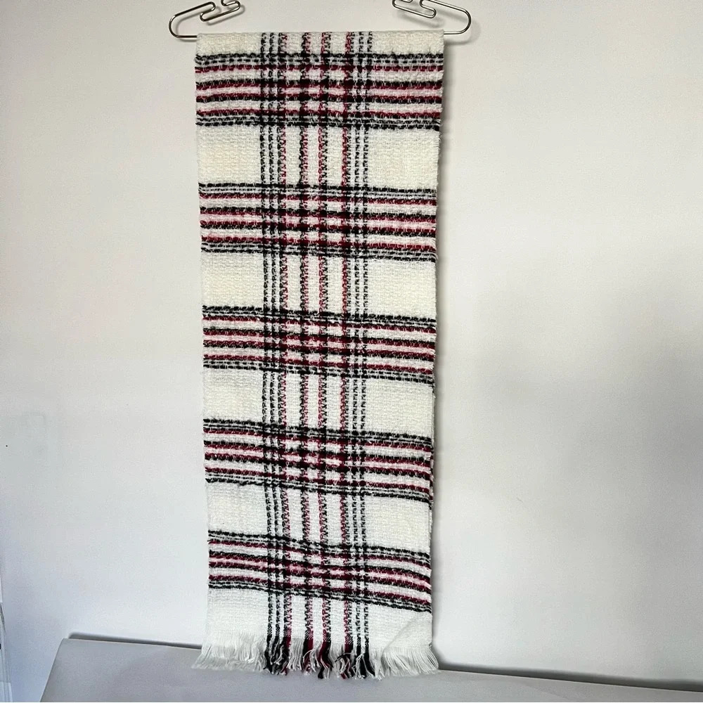 Chico's Scarf Red Cream Black Plaid Acrylic Metallic Oblong Comfy Soft - Picture 1 of 5